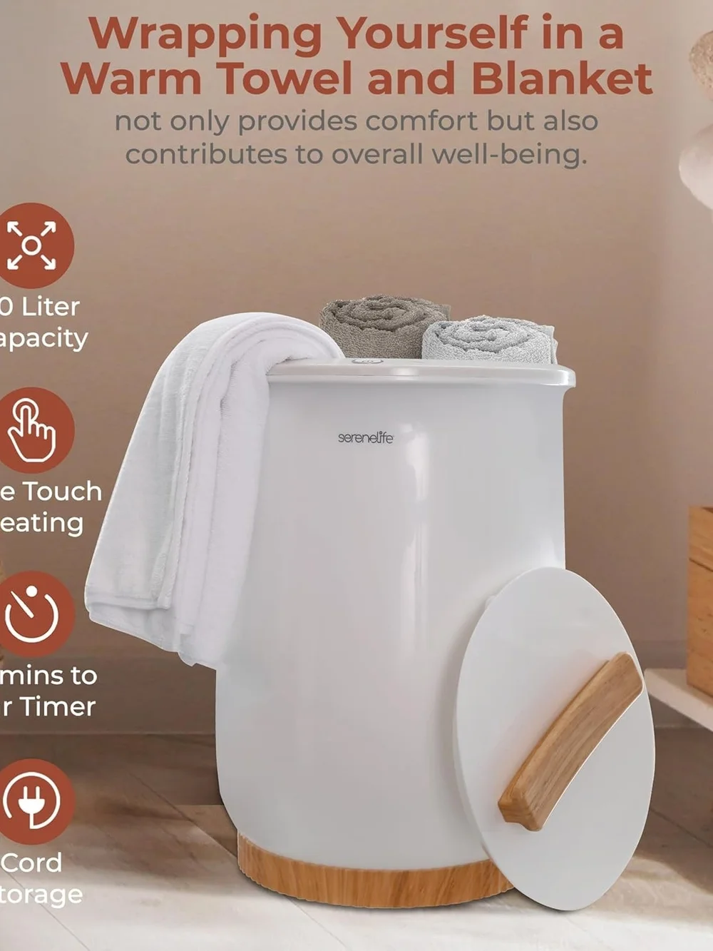 Serenelife Towel Warmer Single Touch Luxury Bucket Style - White (SLTLW400) NEW